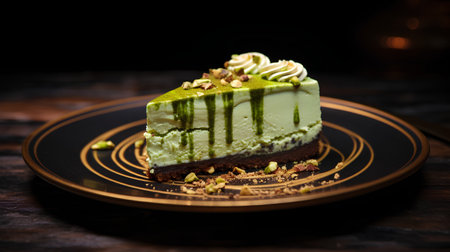 Green tea cheesecake with pistachio and cream on wooden tableの素材
