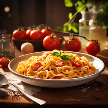 Spaghetti with tomato sauce and parmesan cheese on wooden backgroundの素材