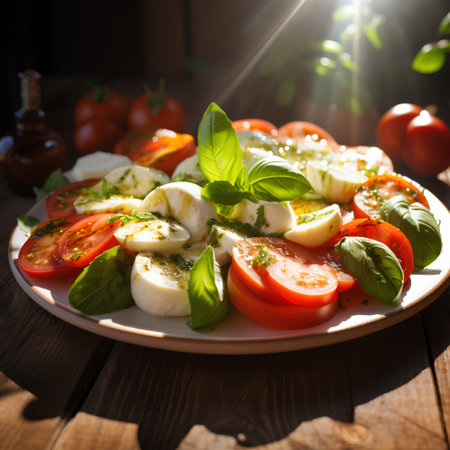 Caprese salad with mozzarella cheese, tomatoes and basil leavesの素材