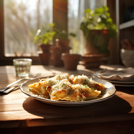 Ravioli pasta with meat and cheese on a wooden tableの素材