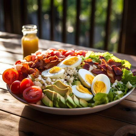 Healthy breakfast bowl with eggs, bacon, avocado and cherry tomatoesの素材