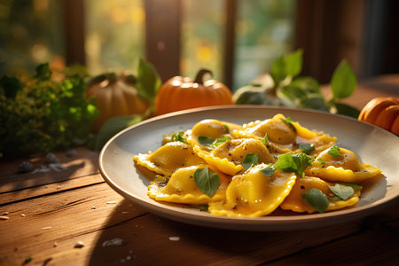 Ravioli with ricotta cheese and basil on a wooden tableの素材