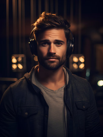 Handsome young man listening to music with headphones in a pub.の素材
