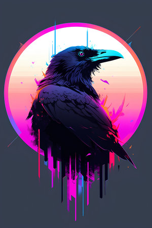 Vector illustration of a raven on a background of the sky with clouds.の素材