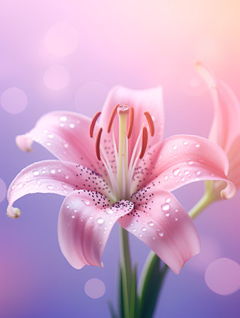 Beautiful pink lily flower with water drops on blurred background.の素材