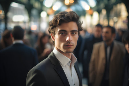 Portrait of a handsome young businessman standing in a crowded street.の素材