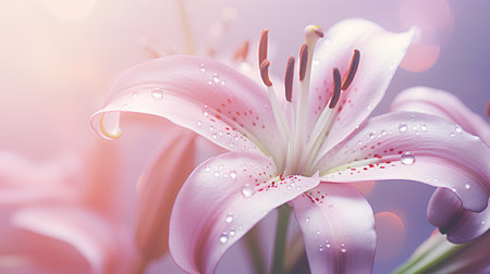 Beautiful pink lily flower with water drops on blurred background.の素材