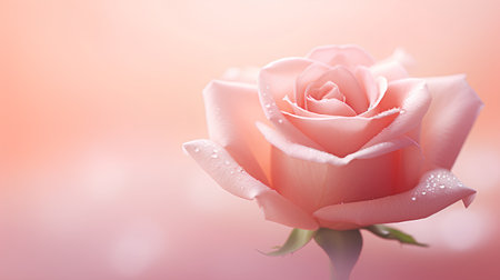 Beautiful pink rose with water drops on petals on blurred backgroundの素材