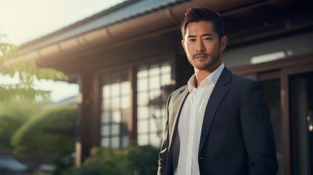 Portrait of a handsome asian businessman standing outdoors and looking at cameraの素材