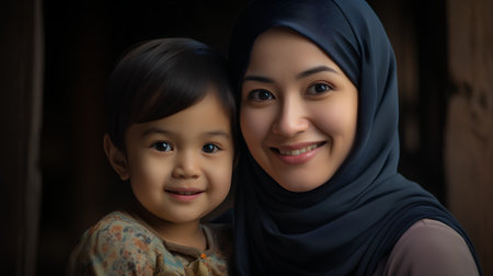 Muslim mother and her little daughter smiling at the camera. Happy family concept.の素材