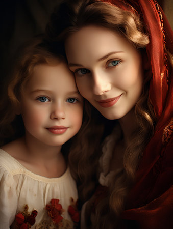 Portrait of a beautiful mother and her daughter in a red scarf.の素材