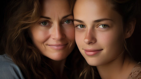 Portrait of a mother and daughter on a black background close-upの素材