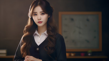 Beautiful asian businesswoman with red lips and long wavy hair.の素材