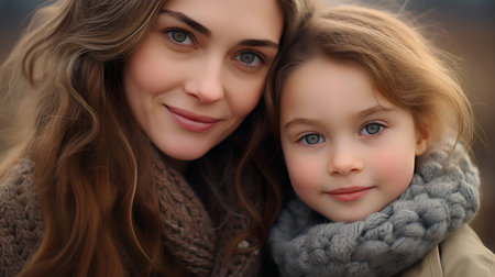 Portrait of beautiful mother and daughter in winter park. Happy family.の素材