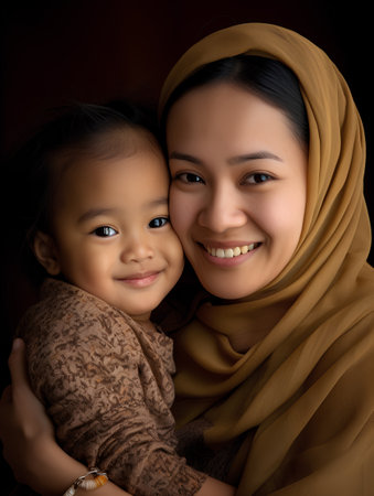 Portrait of happy muslim mother and her little daughter in studioの素材
