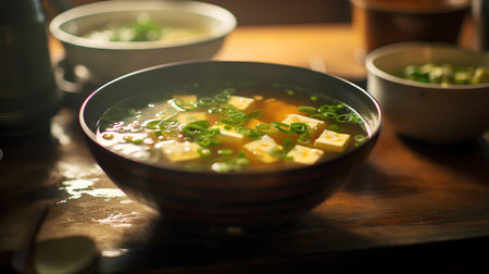 Japanese miso soup with tofu and green onions in a ceramic bowlの素材
