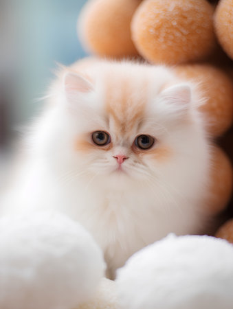 Persian kitten close-up on a background of yellow balls.の素材
