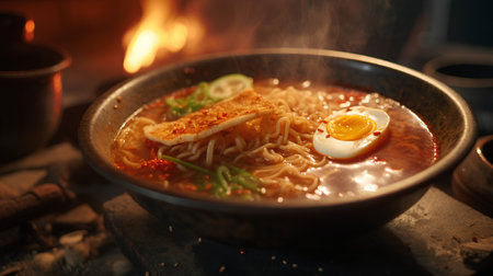 Japanese ramen soup with egg and kimchi, close upの素材