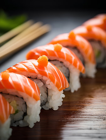 Sushi roll with salmon, avocado and cucumber on wooden boardの素材
