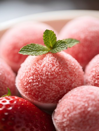 Strawberry ice cream with mint, selective focus, close upの素材