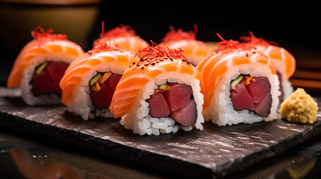 Sushi rolls with salmon, avocado and cream cheese on a black backgroundの素材