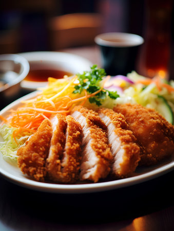 Japanese deep fried pork cutlet with soy sauce and vegetable salad.の素材