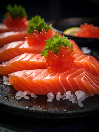 Salmon sashimi with red caviar and lime on black backgroundの素材