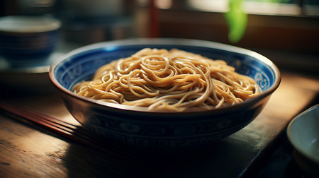 Japanese buckwheat noodles in a bowl on a wooden table.の素材