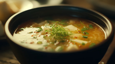 Japanese miso soup in a black bowl on a wooden background.の素材