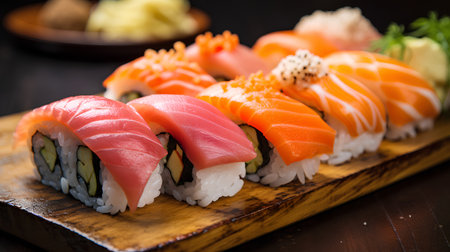 Sushi set with salmon, tuna, shrimp and avocado on wooden plateの素材
