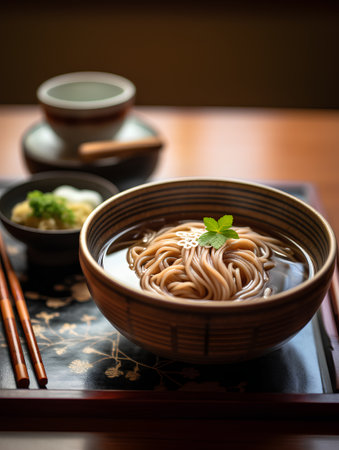 Japanese udon noodles in a bowl with chopsticks on a wooden tableの素材