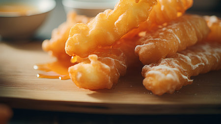 Deep-fried dough stick on a wooden plate. Selective focus.の素材