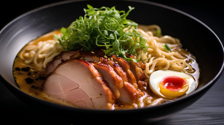 Ramen noodle soup with pork in bowl on black wooden tableの素材