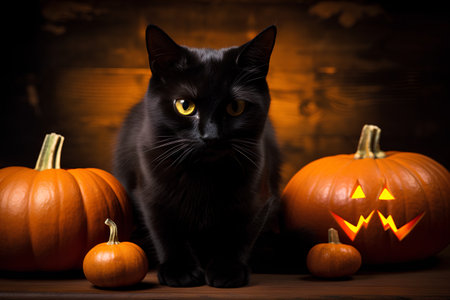 Black cat sitting in front of pumpkins on a wooden background.の素材