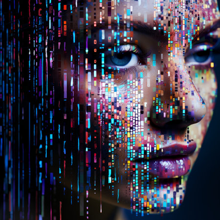 Close-up portrait of beautiful young woman with digital binary code.の素材
