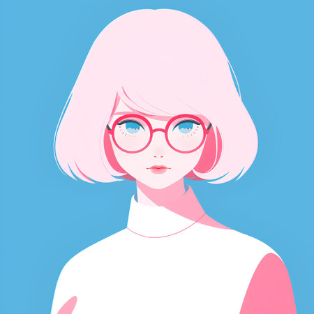 Vector illustration of a beautiful girl with pink hair and glasses on a blue background.の素材