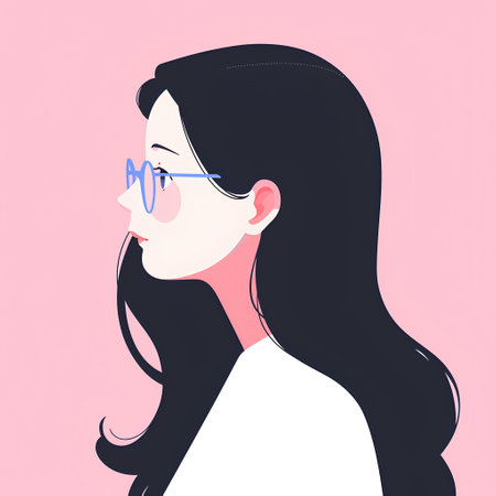 Young woman with glasses. Vector illustration in flat style on pink background.の素材