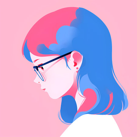 Girl with blue hair and pink glasses. Vector illustration in cartoon style.の素材
