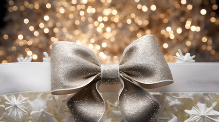 Christmas background with golden bow and snowflakes on bokeh backgroundの素材