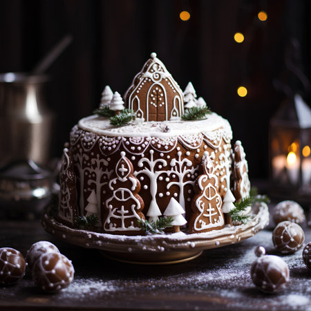 Christmas gingerbread cake with snowflakes. Selective focus.の素材
