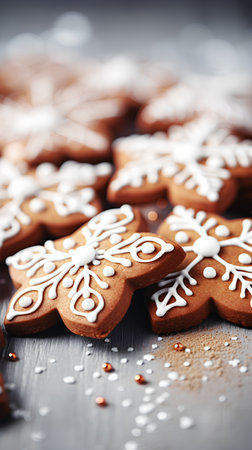 Christmas gingerbread cookies in the form of snowflakes on a wooden backgroundの素材