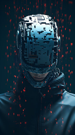 3d rendering of man in virtual reality helmet with binary code backgroundの素材