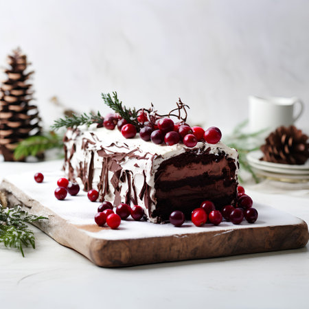 Piece of chocolate cake with cranberries on a wooden board, verticalの素材