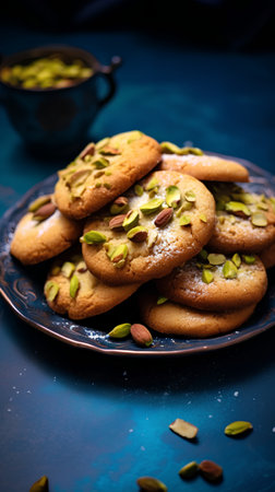 Homemade cookies with pistachios on blue background. Selective focus.の素材