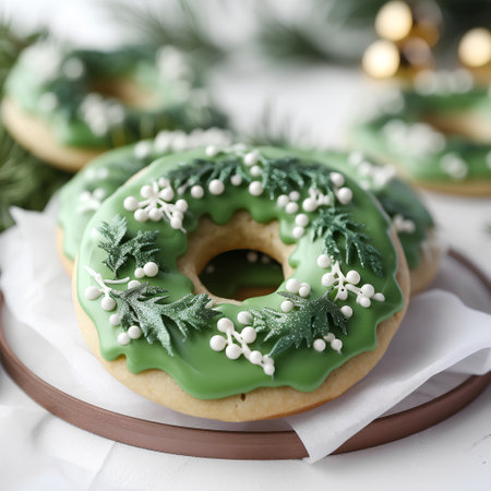 Green glazed christmas donuts with white snowflakes on wooden backgroundの素材