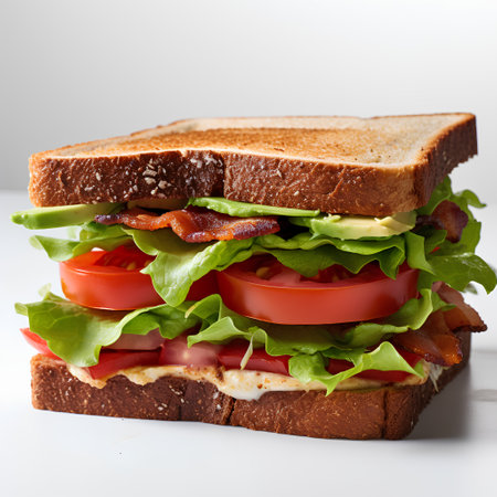 Sandwich with ham, cheese, tomato and lettuce on white backgroundの素材