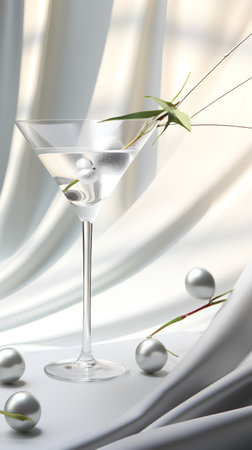 Cocktail martini with a branch of a tree on a white background. 3d renderingの素材