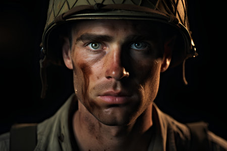 Portrait of a soldier in a military uniform on a black backgroundの素材
