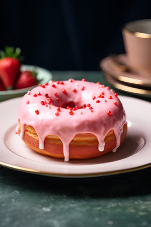 Delicious donut with pink glaze and strawberry on a plateの素材