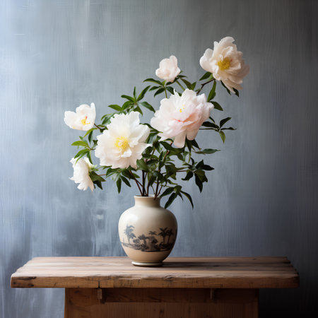 White peonies in a vase on a wooden table on a gray backgroundの素材